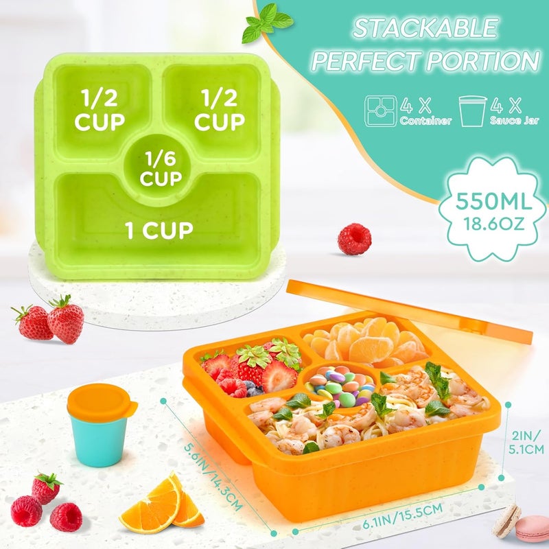 QQKO Bento Snack Boxes for Adults & Kids, Lunchable Meal Prep Containers - 4 Pack Divided Food Storage with Lids, Stackable Lunch Boxes with Sauce Cups, Jewel - Image 2